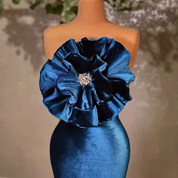 Luxusné Modrá Formálne Šaty pre Ženy 2022 Velvet bez Ramienok Volánikmi Prom Party Druhý Príjem Nosenie Vlastná Veľkosť
