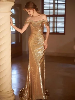 Luxusné Zlaté Šaty Ples Ramena Morská Víla Flitrami Lištovanie Ruched Dlho Žena Elegantné Hosť Formálne Príležitosti Prom Šaty