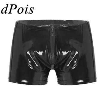 Mens Mokrý Vzhľad Patent Kožené Nohavice Na Zips, Predné Boxer Krátke Spodky Nočný Klub Bar Fáze Výkonu Kostým Sexy Clubwear