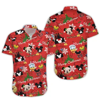 Mickey Mouse Vianočné Havajské Košele pánske dámske Ležérne Pláži Tričko Disney Havajské Košele Deti Krátky Rukáv Tlačidlo Hore Tričko