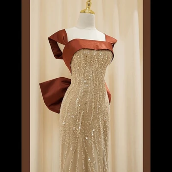 Morská Víla Celebrity Šaty Champagne Gold Ramienok Spp Rukáv S Odnímateľnou Luky Korálkové Crystal Sexy Prom Sequin Party Šaty