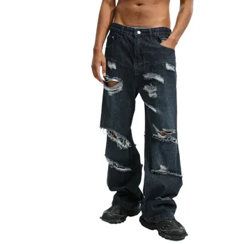 Muži Móda Nadrozmerné Hip Hop Rifle Nohavice S Otvormi Streetwear Loose Fit Zničené Džínsové Nohavice Roztrhané Kovboj Dna
