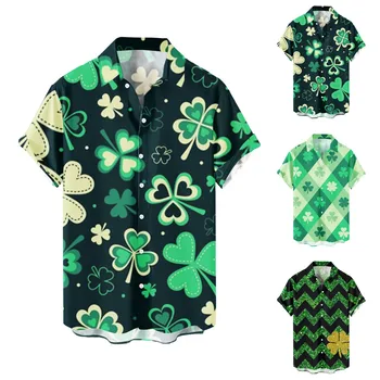 Muži St. Patricks Day Tlačiť Bežné Tričko Retro Zase Dole Golier Art 3d, Digital Print Camisas De Hombre Kvet Pulóvre