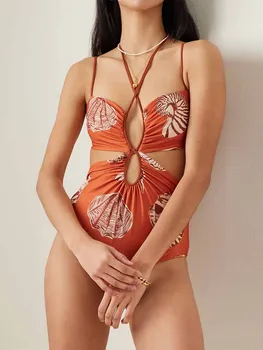 Móda Kvetinový Tlač jednodielne Plavky dámske Sexy Vystrihnúť Bikini Luxusné Závesné Krku Kravatu Plavky, plavky plážové oblečenie 2023
