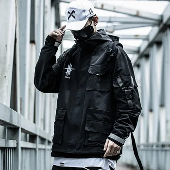 Móda Techwear Čierna Bunda S Kapucňou Mens Mnohými Vreckami Cargo Vrchné Oblečenie Streetwear Funkčné Bundy Kabát Muž