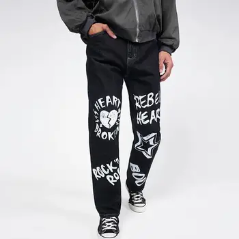 Nohavice Čierne Nohavice S Písmenami Streetwear Jeans Man 2023 New Rock Bežné Rovno pánske Oblečenie, Oblečenie