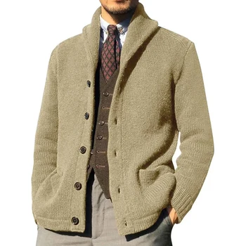 Nové Jarné Vlny Zrastov Sweatercoat Mens Príležitostných Farbou Zase dole Golier Sveter Bundy Pre Mužov Zimné Vintage Tlačidlo Svetre