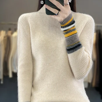Nové jesenné a zimné 100% merino cashmere sveter žien semi-vysoká krku pruhované manžety pletený pulóver slim módny pletený top