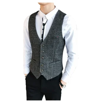 Nové pánske šedé ležérne módne všestranný koberčeky pánske krátke vesta bunda trend osobné hairstylist čašník vesta
