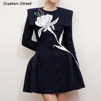 Námornícka Modrá Tweed Šaty Žien 20234 Jeseň Zima Biely Kvet Dlhá-rukáv Bodycon Šaty Vintage O-krku Strany Vestidos