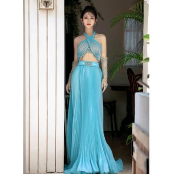 Ohlávka Ice Blue Organza Šaty Výrez Otvorte Zadný Letné Večerné Šaty Luxusné Kryštály Bez Rukávov Prom Šaty Dlhé Rozstrapatené Oblečenie