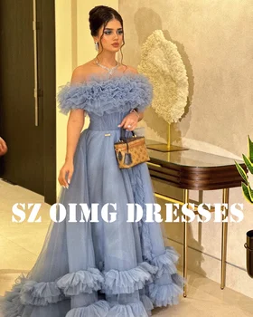 OIMG Nový Dizajn Sky Blue Off-Ramenný Prom Šaty, arabské Ženy Viazané Krátke Rukávy Volánikmi Večerné Šaty Formálne Party Šaty
