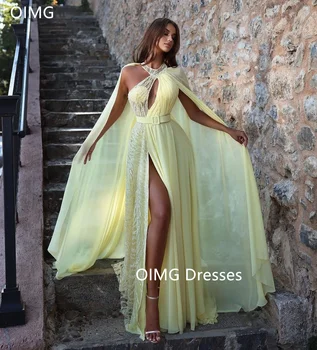 OIMG Nádherné Módne Vysoký Golier Vintage Šaty Ples Sequined Šifón Cape Rukávy Žltá Večerné Šaty Formálne Party Šaty