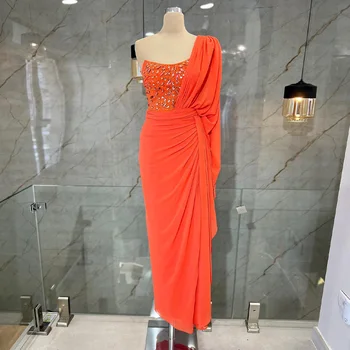 Orange Večerné Šaty Členok Dĺžka Jedného Pleca Stĺpec dámske Šaty Midi Crystal Vysokej Štrbinou Šifón Luxusné Šaty Ples