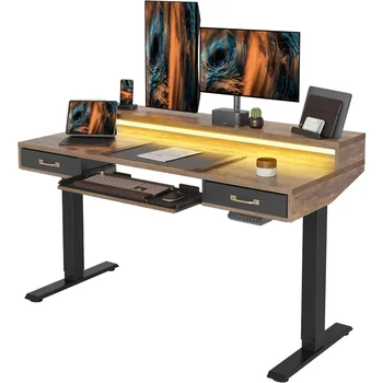 Počítačový stôl, elektrický zvislý kancelársky stôl s 2 zásuvkami a klávesnice zásobník, s držiakom a LED svetelné pásy, počítačový stôl