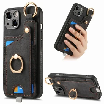 PU Kožené Magnetický Prsteň Stáť Telefón puzdro pre IPhone 13 12 Mini 15 14 11 Pro Max XS XR X 8 Plus Peňaženka s Držiteľom Karty Kryt