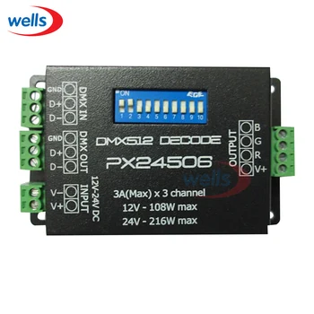 PX24506 DMX 512 Dekodér Ovládač 9A DMX 512 Zosilňovač 12V 24V RGB LED Svetlá