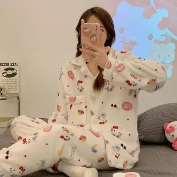 Roztomilý Coral Velvet Pyžamo Sanrio Kawaii Cartoon Hello Kitty Mymelody Kuromi Cinnamoroll Pohodlné Dlhé Rukávy Nohavice, Pyžamá