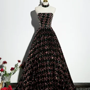 Sequin ťažký priemysel večerné šaty žien Nový-ramenný temperament uzáver textúra banquet hosť šaty Luxusné šaty