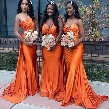 Sexy Uvrhnúť Krku Morská Víla Bridesmaid, Šaty S Streamer Dlho Plus Veľkosť Ženy Orange Plášť Svadobné Party Šaty