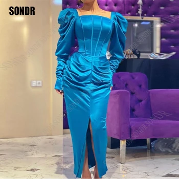 SONDR Jednoduché Saudskej arabské Ženy Večerné Šaty bez Ramienok Predné Štrbinou Modrý Plášť Prom Šaty Formálne Party Šaty Dlhé Vestidos