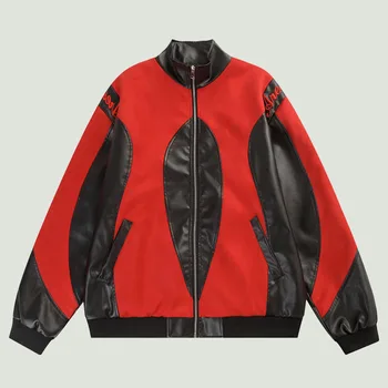 Streetwear Varsity Jacket Mens Retro List Výšivky Patchwork PU Kožené Caots Hip Hop Harajuku Bežné Baseball Jacket Unisex