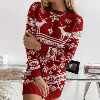 Streetwear Zimné Nové Šaty 2023 Vianočná Vločka Elk Pletené Žakárové Šaty Žien Príležitostné O-krku Tenký Dlhý Rukáv Šaty
