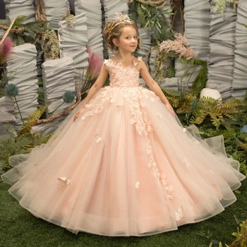 Svetlo Šampanské Kvetina Dievča Šaty Tylu S 3D Kvety A Motýľ bez Rukávov Pre Svadby, Narodeniny Banquet Princezná Šaty