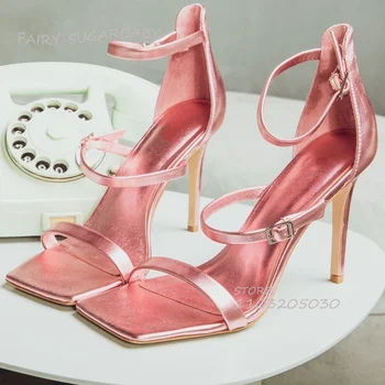 Svetlé Nežné Ružové Stiletto Otvorené Sandále Dievča Elegantné Námestie Prekladané Pracky Podpätky Duté Modrá Jarné Šaty Letné Topánky Luxus