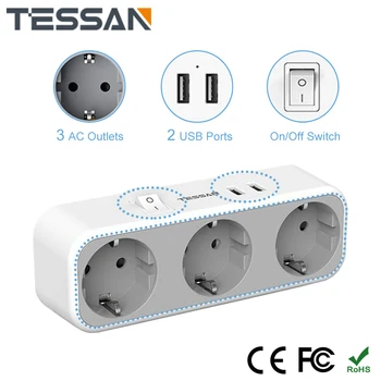 TESSAN USB konektora Adaptéra, s On/Off Prepínač, 1/2/3 AC Zásuvky a 2 USB Porty, EÚ Sieťovej Zásuvky Multi Plug Power Pás pre Domáce