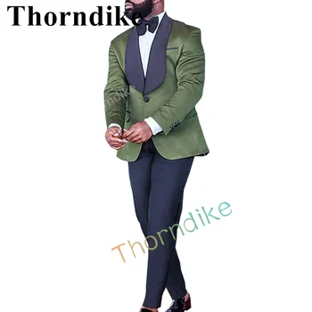 Thorndike Dve Kus Zelená Čierna Šatka Klope Svadobný Oblek Pre Mužov Na Mieru Singel Svojim Ženícha Tuxedos
