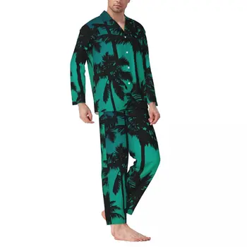 Tropická Palma Sleepwear Jeseň Havaj Pláži Tlač Vintage Nadrozmerná Pajama Sady Mužov Long-Sleeve Voľný Čas Grafické Odev