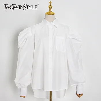 TWOTWINSTYLE Biela Násobne Skladaný Minimalistický Tričko Pre Ženy Klope Golier Lístkového Dlhý Rukáv Žena 2021 Jeseň Oblečenie Móda Nové