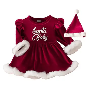 Vianočné Batoľa Detská Deti, Baby, Dievčatá Červené Šaty s Dlhým Rukávom A-line Šaty A Klobúk Roztomilé Vianoce Oblečenie