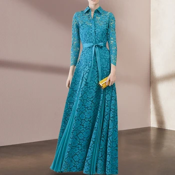 Vintage Blue Čipky Duté Sa Dlho Party Šaty Žien 2023 Elegantný Dlhý Rukáv Skladaný Maxi Šaty Návrhára Vestido Feminino