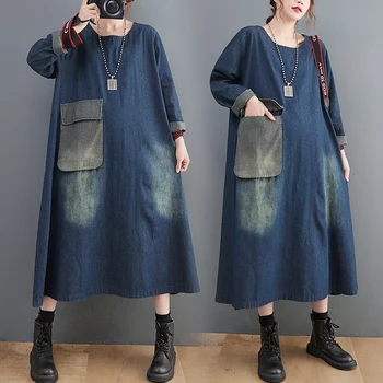Vintage Jar Jeseň Oblečenie pre Ženy Voľné Kontrast Farebný Patch Veľké Vrecko Džínsové Šaty-line Šaty D1398