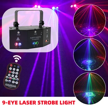 Vzdialený 9 Oči RGB Laser & LED Strobo Lampa Lúč Show KTV Disco DJ Stage Osvetlenie