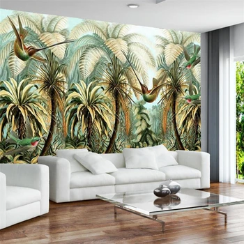 wellyu Moderné forest sa coconut tree vták ručne maľované nástenné pozadí steny vlastné veľké nástenné zelená tapeta abstraktných de parede