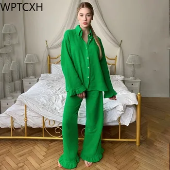 WPTCXH Jeseň Fashion Európe, Amerike Štýl Rozstrapatené Bavlna Zelená Pyžamo Dve Kus Nastaviť Voľné Bežné Ženy Plavky Rhome Nosenie