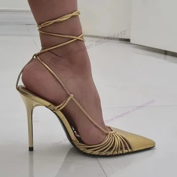 Zlatý Pásik Späť Patent Kožené Sandále Špicatou Špičkou Topánky pre Ženy Tenké Vysoké Podpätky Sexy Letné Topánky 2023 Zapatos Para Mujere