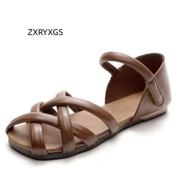 ZXRYXGS 2023 vrchnú Vrstvu Cowhide Ručné Retro Rímske Sandále pre Ženy, Komfortné Ploché Sandále Tkané Hollowwomen Kožené Sandále