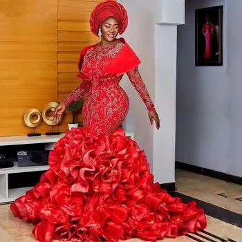 Červená Morská víla Nigérijský Afriky Svadobné Šaty s Dlhým Rukávom Volánikmi Viazané Sukne Aso Ebi Korálkové Čipky Svadobné Šaty