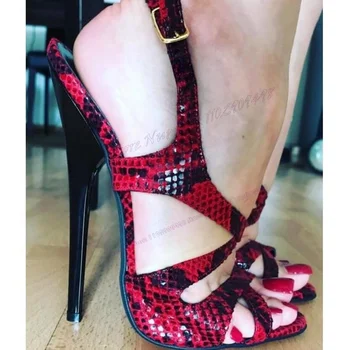 Červená Snakeskin Slingback Sandále Otvorené Prst Topánky pre Ženy Extrémne Vysoké Podpätky Sexy Letné Topánky 2023 Zapatos Para Mujere