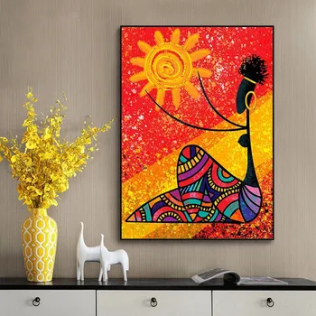 Čierna Žena so Sun Wall Art Maľovanie Abstraktný Obrázok Africké Dievča Červená Žltá Plátno Plagát na Obývacia Izba Obrázok Tlače Dekor