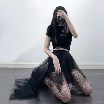 Čierne Dlhé ShaTulle Sukne Žena Nepravidelný Streetwear Gotický Punk Tmavé Akademickej Obce Steampunk Harajuku Cyber