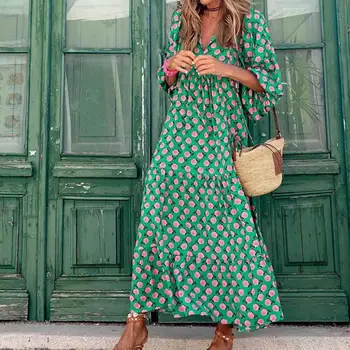 Ženy Maxi Šaty tvaru Vysoký Pás Veľké Lem Bohemia Šaty Geometrie Tlač Svietidla Rukáv Neforemné Šaty Streetwear vestidos mujer