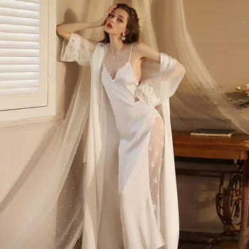 Ženy Saténová Čipka Intímne Sleepwear Set 2KS Nightgown Sexy Lady Nový Župan Nastaviť Nevesty Bridesmaid, Svadobné Šaty, Šaty M-XL