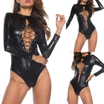 Ženy Sexy Black Vinyl Kožené Spodné Prádlo Kombinézach Erotické Trikot Kostýmy Gumy Flexibilné Hot Latex Catsuit Kostým