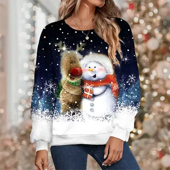 Ženy to Vianoce Cartoon Snehuliak s Elk Tlač s Kapucňou, dámske Ležérne Oblečenie dámske Módne Crewneck Top Žien Teplá mikina s Kapucňou