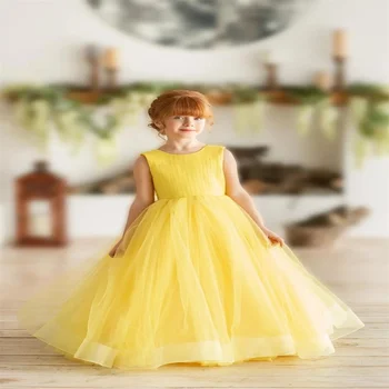 Žltá Kvetina Dievča Šaty Plesové Šaty, Tylu Malá Princezná Svadobné Šaty Prvé Sväté Prijímanie Sprievod Narodeniny Banquet